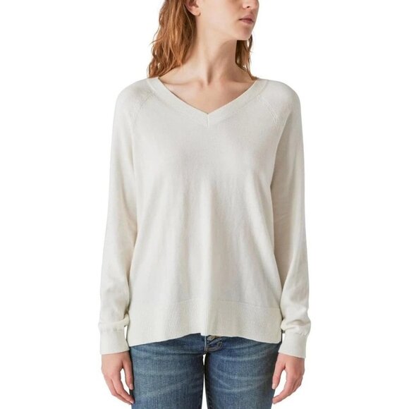 NWOT Lucky Brand Women's XL Cream V-Neck Sweater Relaxed Fit Soft Knit - Picture 1 of 10